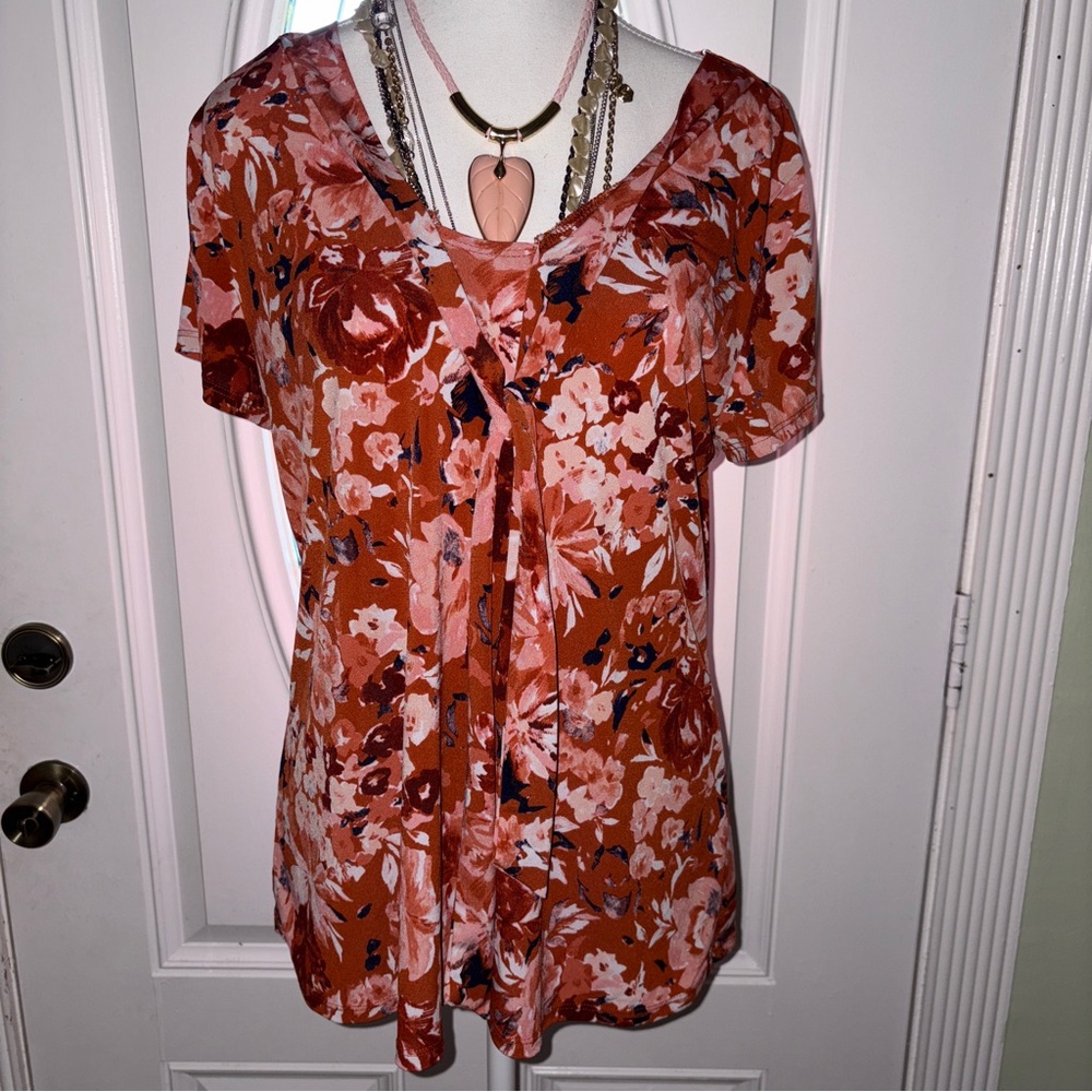 Vintage Orange Floral V-Neck Women Top